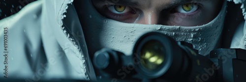Close up of a sniper in a hood. Generative AI.