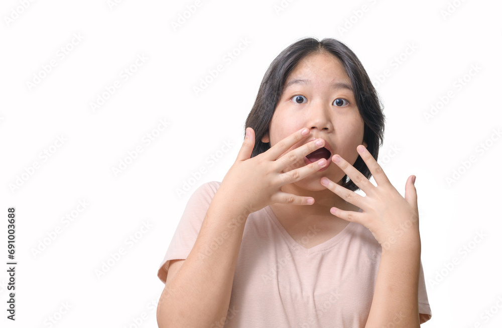 Portrait of a cheerful excited pretty asian girl standing isolated on white background, Portrait of a cheerful excited pretty asian girl standing isolated on white background,