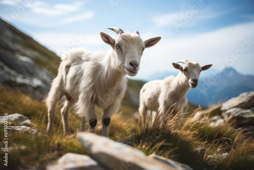 Group of young goats playing near a mountain edge. Generative AI.