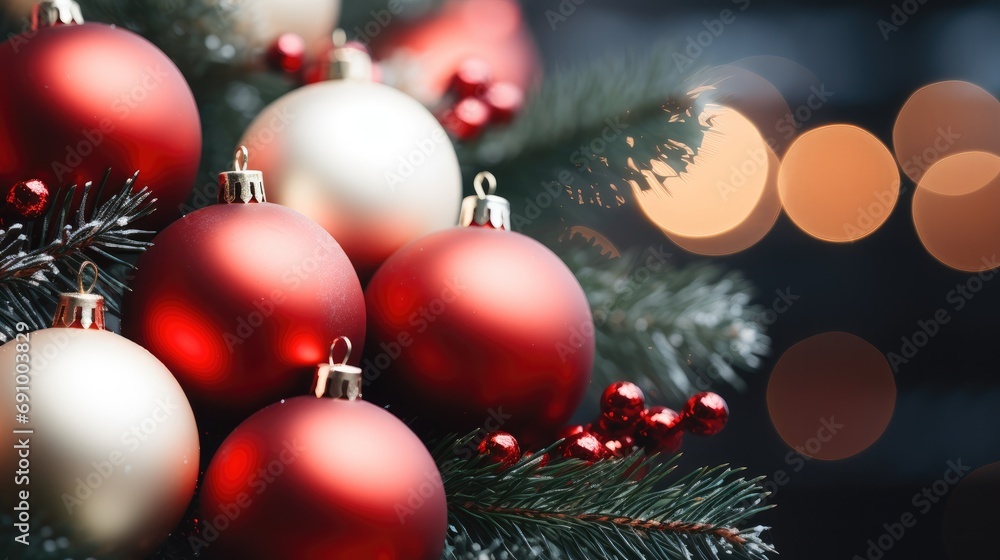 Closeup Christmas tree with red balls. Generative AI.