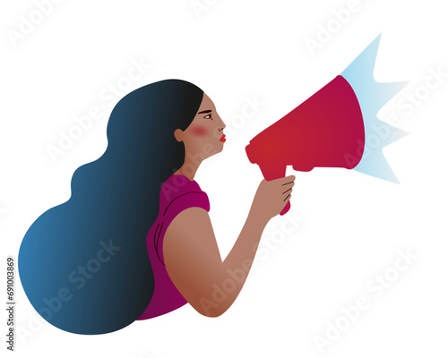 Vector de mujer joven con megafono rojo. Concepto de comunicar mensaje, anunciar, gritar, o comunicar; alerta de advertencia o cuidado, concepto de mensaje