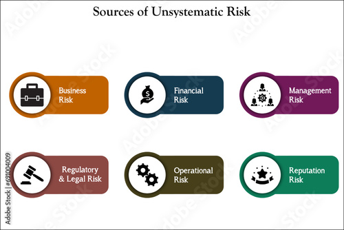 Sources of Unsystematic risk - Business, financial, management, regulatory and legal, Operational, Reputation. Infographic template with icons