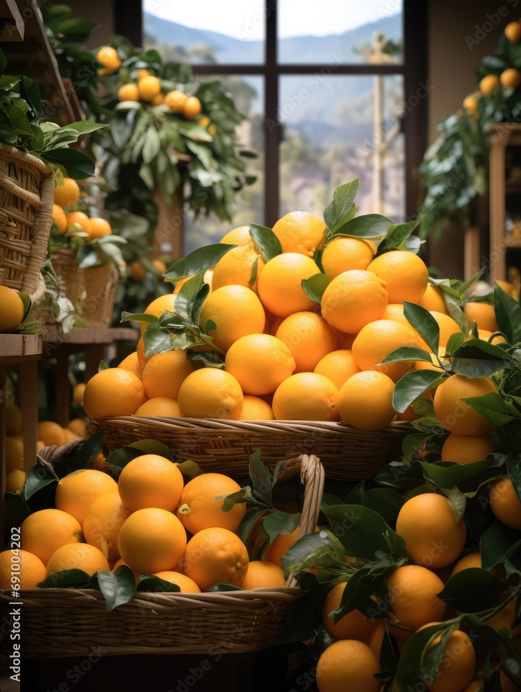 A huge variety of oranges on display in a big market. Generative AI.