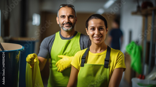 Smiling woman and man in a cleaning service uniform with colleagues in the background, indicating a professional cleaning team at work.