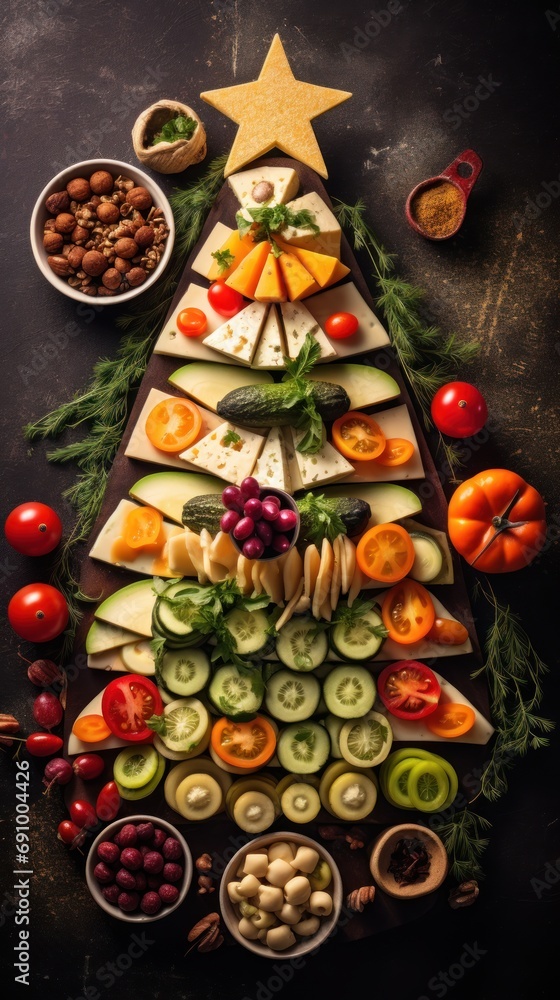 Christmas tree made from cheese and fruits