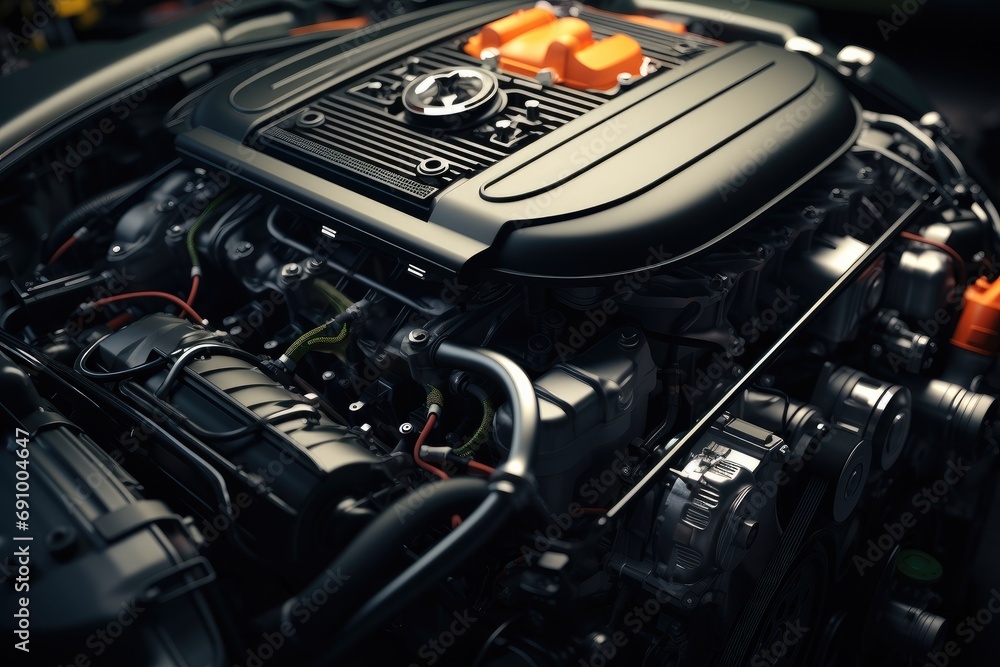 Fototapeta premium Top view of engine in car. Generative AI.