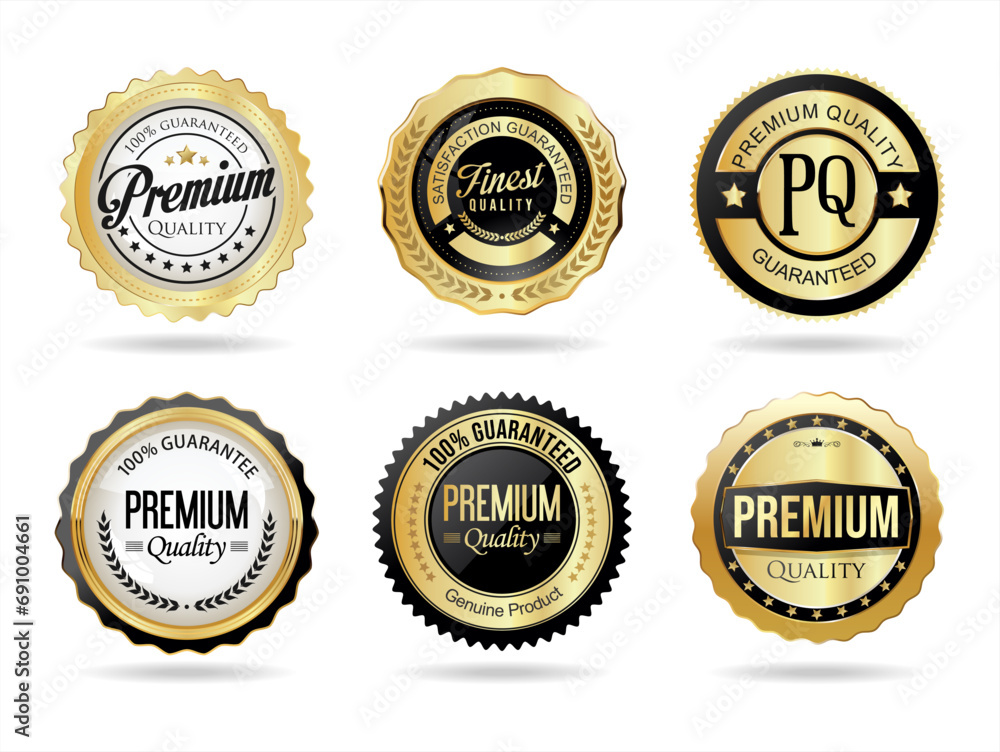 Collection of golden premium quality badges and labels vector illustration - obrazy, fototapety, plakaty 