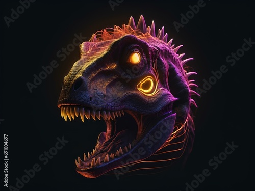 transparent glowing dinosaur face, glowing lines, black background, for design, isolated