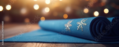 Close up of blue yoga mat at home decorated for Christmas, New Year