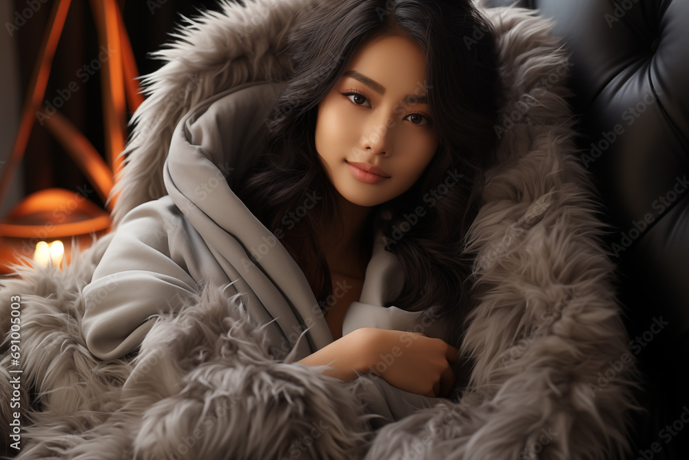 Beautiful cheerful young lady sitting on sofa, wrapped in a plush soft, warm, cozy blanket. Studio glam shot. In love. Banner, cover, flyer, brochure, invitation, greeting card. generative ai content Beautiful cheerful young lady sitting on sofa, wrapped in a plush soft, warm, cozy blanket. Studio glam shot. In love. Banner, cover, flyer, brochure, invitation, greeting card. generative ai content