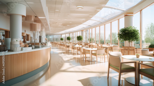 A restaurant inside a modern hospital. Generative AI.