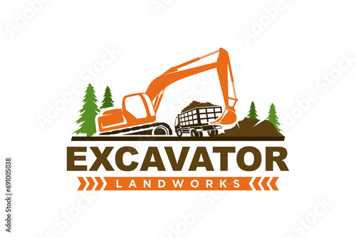 Excavator digging logo, truck earth mover industry construction icon symbol. photo