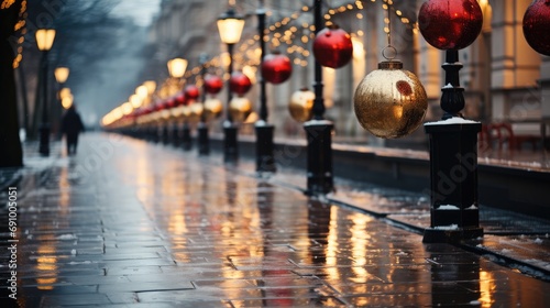 Sparkling Christmas decorations, Christmas tree, City, Street. Generative AI.