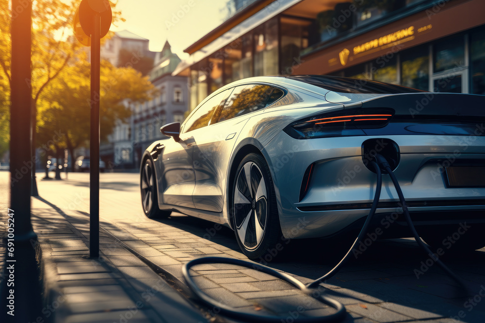 An electric car charging on station on the street. Generative AI.