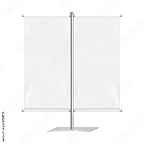 Table counter banner stand, countertop vertical poster display on metal signholder pole and base vector mockup. Tabletop sign mock-up. Template for design