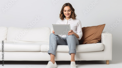 Woman in a casual outfit works on a laptop in her office