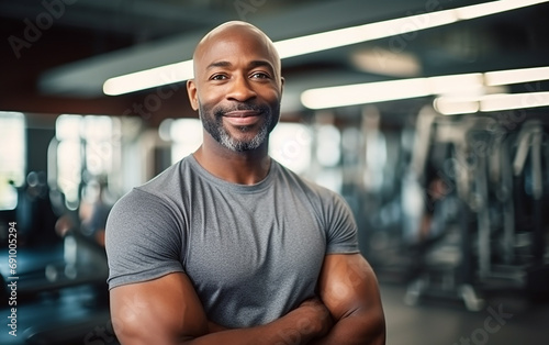 Portrait Of Handsome Muscular Man Posing In Gym. Fitness Trainer Standing In Modern Sport Club Interior. Gym, fitness and portrait of proud man, motivation, health and energy for training.