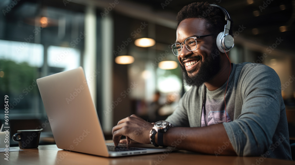 A man in a casual outfit works on a laptop in his office A man in a casual outfit works on a laptop in his office