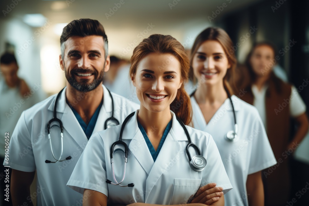 Doctors in uniforms standing in hospital, Medical workers smiling team, Male and female doctors portrait looking at camera. Generative AI. Doctors in uniforms standing in hospital, Medical workers smiling team, Male and female doctors portrait looking at camera. Generative AI.