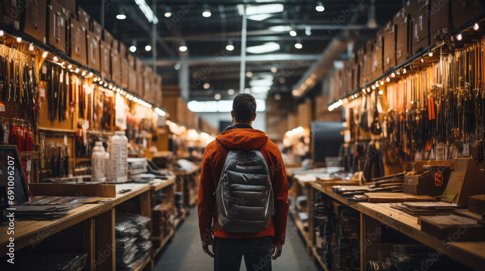 Rear view, Man in a hardware store. Generative AI. Rear view, Man in a hardware store. Generative AI.