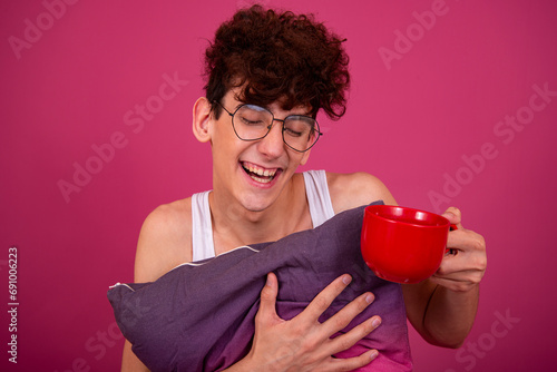 Wallpaper Mural Retro style. A funny curly guy gets ready for his work day early in the morning. Pink background. Torontodigital.ca
