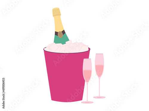 Wine bottle with glasses in bucket of ice. Champagne and prosecco vintage glass bottle. Vector illustration