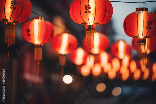The street is adorned with glowing red Chinese lanterns, vibrant atmosphere for the New Year