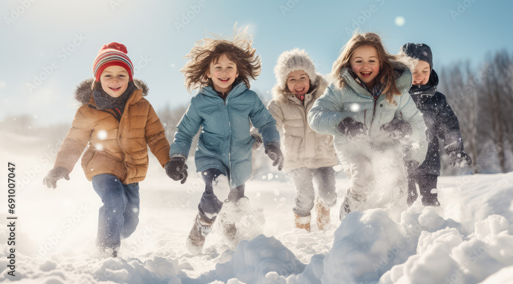 Children playing outdoor on snow in the winter