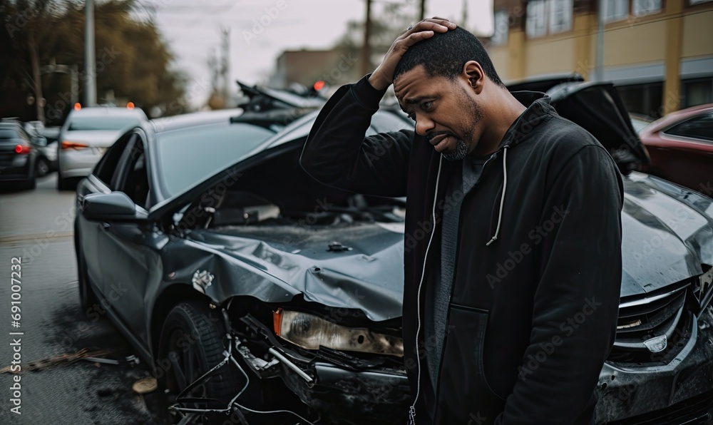Sad man after a car accident holding his head. Car accident on the street, damaged car on background Sad man after a car accident holding his head. Car accident on the street, damaged car on background