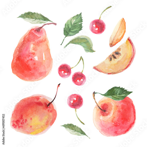 Fototapeta Naklejka Na Ścianę i Meble -  Set of watercolor fruits. Isolated on white background. Watercolor illustration. Apple, pear, cherries, leaves.
Fresh fruits rich in vitamins.