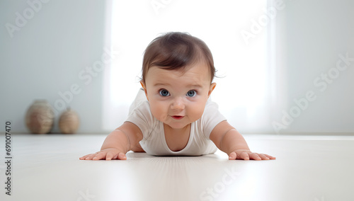 baby girl crawling on white background