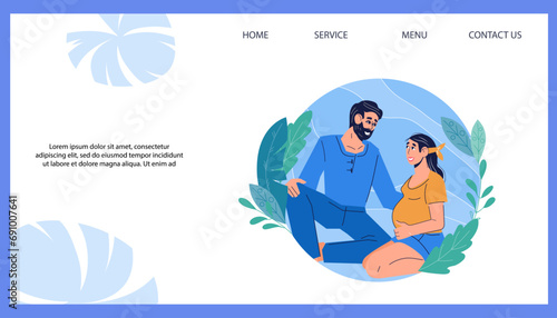 Prenatal care vector web banner with expecting couple planning family growth. Pregnancy care and prepare for the childbirth, maternal and perinatal health, preservation of pregnancy website.