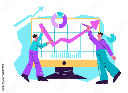 Brokers planning finance growth, strategies used by brokers to increase financial performance, investment and achieve growth in business, flat vector illustration isolated on white.