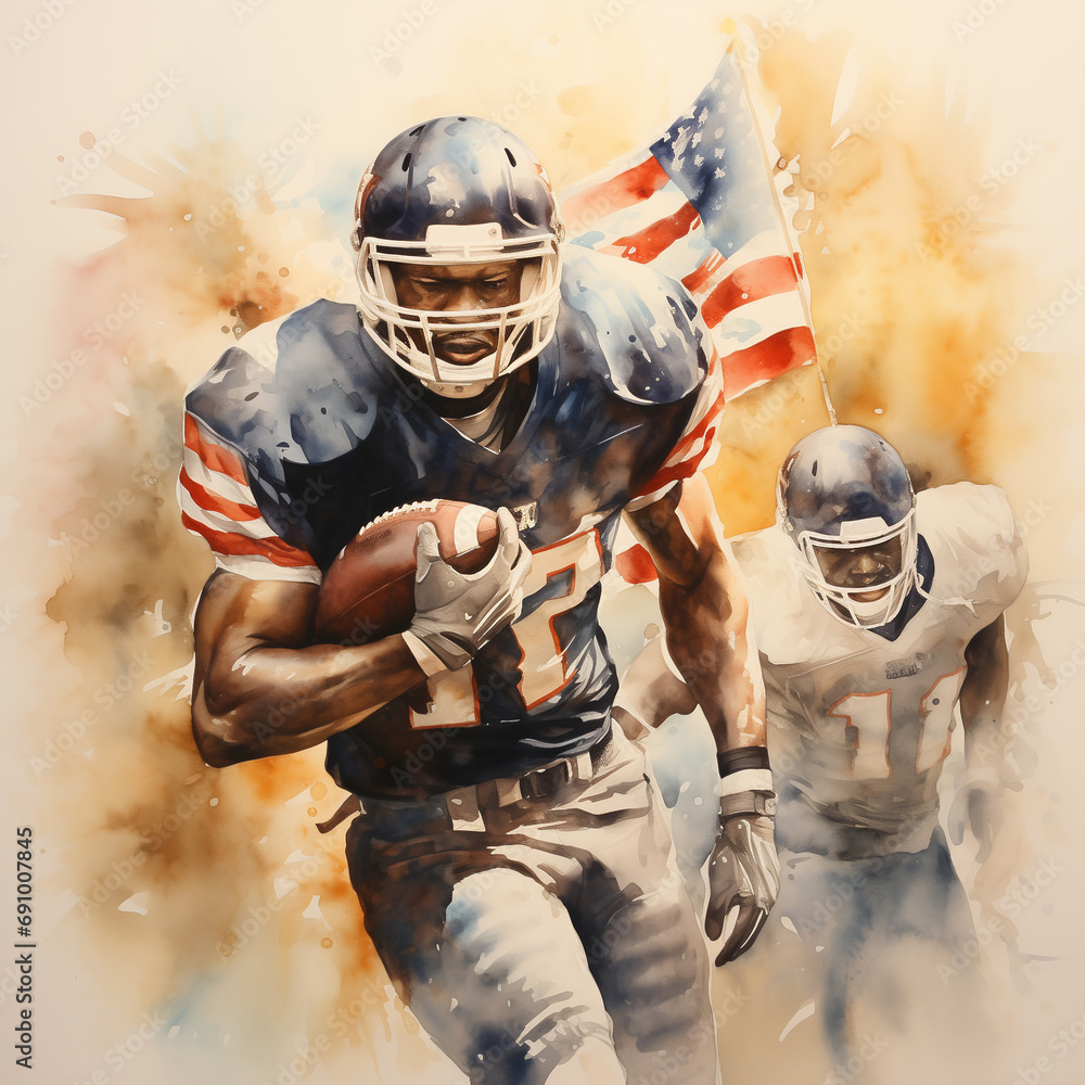 Watercolor with American football concept, American football sports attributes, helmets, bal