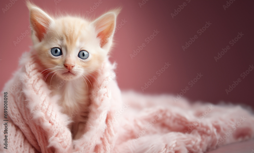 Obraz premium A small orange peach fuzz kitten with blue eyes is snuggled in a pink blanket, looking at the camera