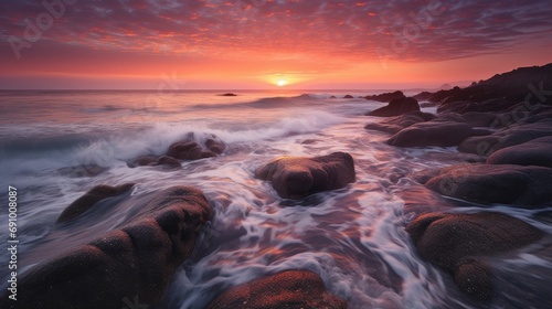 Oceanic Sunset Beauty: Scenic Seascape with Beach Landscapes and Waves