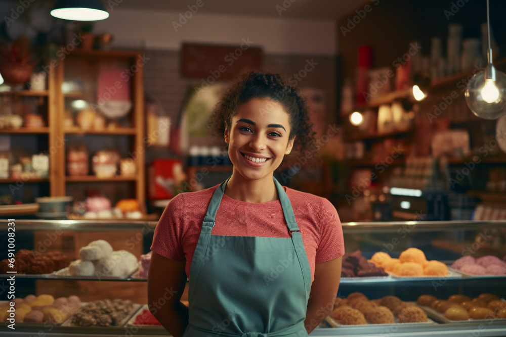 Happy small bakery owner smiling proudly at her confectionery store, Cheerful female baker working at her shop. Generative AI