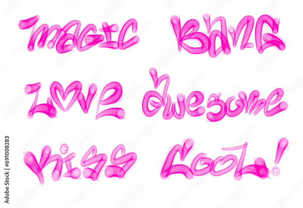 Collection of graffiti street art tags with words and symbols in pink color on white background