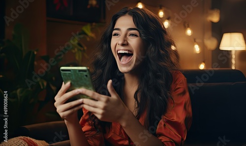 Beautiful young woman is happy and smiling while using smartphone