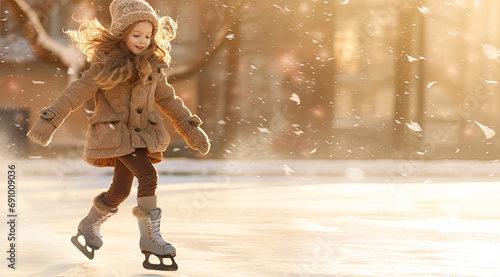 a little girl skates on a rink in the winter