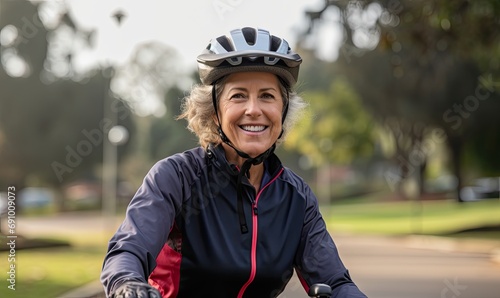 Portrait photography of a happy woman cyclist riding a bicycle and wearing cycling helmet in the city park background.
