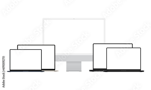 Set Of Modern Laptops And Monitor Mockups With Blank Screens, Isolated On White Background. Vector Illustration
