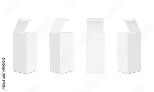 Blank Tall Cardboard Rectangular Packaging Boxes, Opened Lid Mockups, Isolated On White Background. Vector Illustration