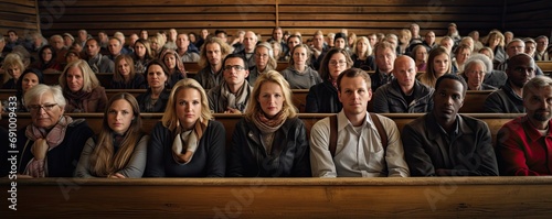 people sit in the church and listen to the pastor's sermon during the service photo