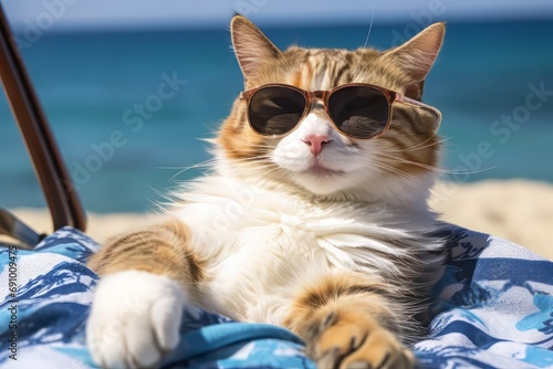 Happy cat in sunglasses lying in a sun lounger on the beach