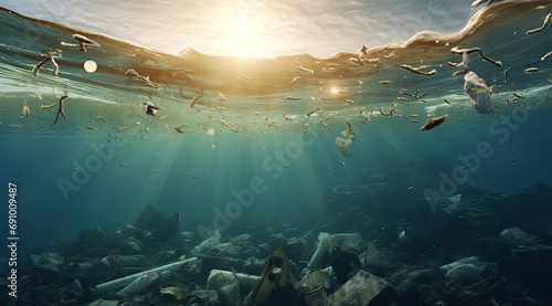 sea water environment underwater, pollution, rubbish, island in the mediterranean sea