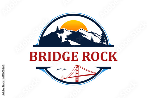 Suspension bridge logo design with mountain background element, rounded badge label.