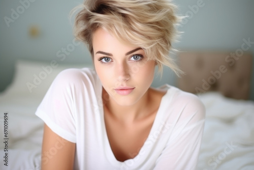Blonde woman in white, bedroom background. Concept of natural beauty.
