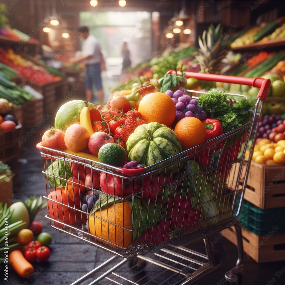 scenery shopping cart with fruits and vegetables at the market, realistic, detailed, high resolution-