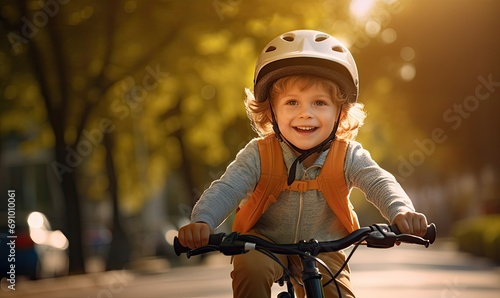 Cute child riding a bicycle and wearing safety helmet in amazing city park